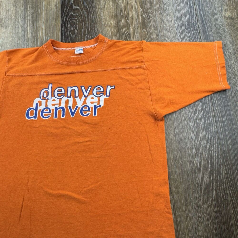 Vintage 70s Denver Broncos Shirt Mens L Orange Champion Blue Bar NFL Football